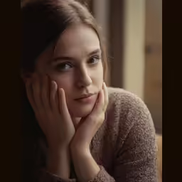a woman leaning against a window holding her hand to her face