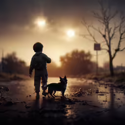 a child and a dog walking down a street