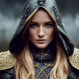 a woman wearing an armor and helmet, close - up