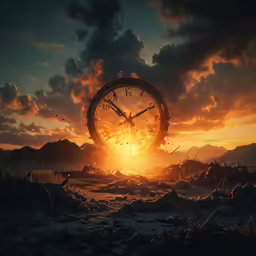 a clock surrounded by birds in a field at sunset