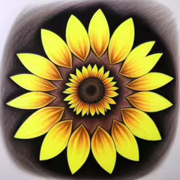 a sunflower colored with yellow on a black and white background,an image of a yellow sunflower with dark brown center