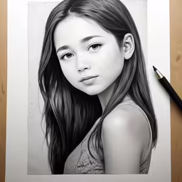 a pencil drawing of a girl wearing a grey shirt