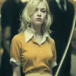 a woman is holding a pair of scissors in front of a mirror