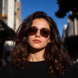 a woman in sunglasses poses on a city street