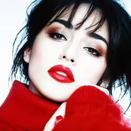 woman with black hair and red lipstick in an image