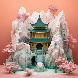 an oriental building surrounded by mountains and rocks