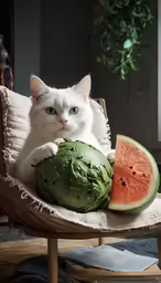 a cat that is laying down near some food