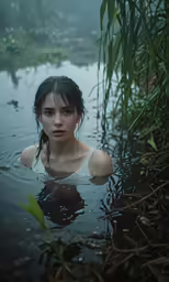 a girl in a pond, holding her head near the grass