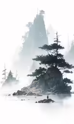 this image shows an island with pine trees growing from it
