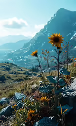 a lone yellow flower with mountains in the background