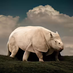 a rhinoceros walking in the grass against a blue and white sky