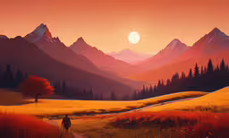 the person is walking through the field towards the mountains,an image of man walking down the road