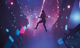 woman in a space - themed setting with the lights on