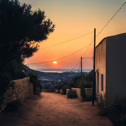 the sun rising over a hill, with trees in the background