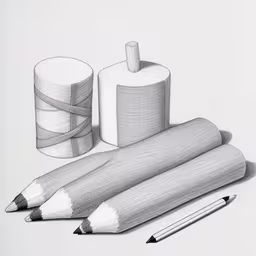 pencils and yarn on paper next to a white cup,pencil and two rolls of paper next to a pair of pencils