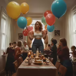 a woman standing in front of a long table filled with people