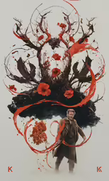 a man stands behind a red tree made of swirling branches