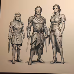 two people are in costumes and three are wearing armor