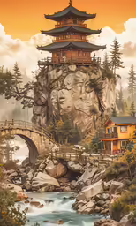 a drawing of a temple on top of a rock