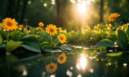 a sunflower sitting in front of some water