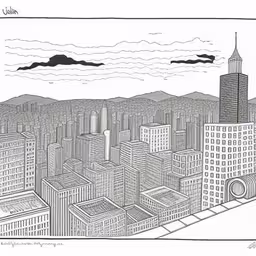 a city with tall buildings and a black cloud above,a drawing of a city skyline is in the clouds,a drawing of buildings and mountains in the background,drawing of new york in black and white,black and white drawing of a city with skyscrapers