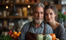 a man and woman are standing near fruits