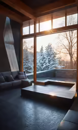 there is an open window next to a couch and coffee table