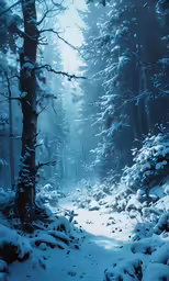 a pathway in a dense forest covered with snow