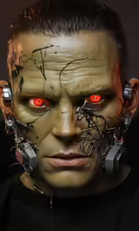 a close up of a person with red eyes