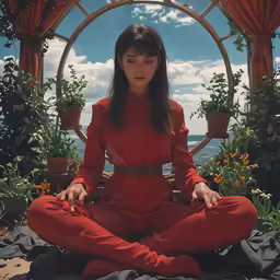 the woman in red is doing yoga in her chair