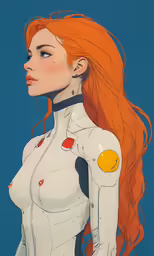 a redhead woman with orange hair in a futuristic suit