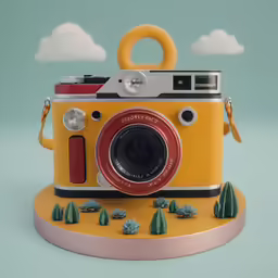 an orange camera that is sitting on top of a base