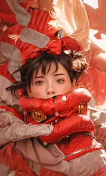 a woman with red gloves on holding her hand under her face