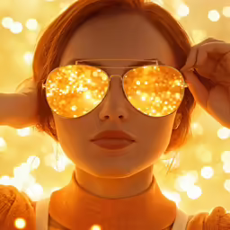 a beautiful woman wearing glasses with lots of shiny dots
