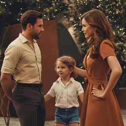 a woman standing next to two little girls holding hands