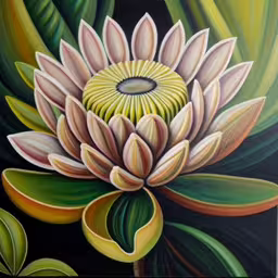 a painting of a flower with green leaves,the painting is displayed on the wall