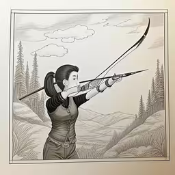 a drawing of a girl aiming with a bow,the drawing shows a woman aiming her bow,a person is aiming at a target in a drawing,a woman shooting with an arrow with her hand,drawing of a young woman playing with a bow and arrow