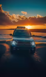 a white vehicle on a road with the sun behind it