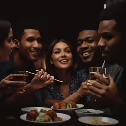 a group of people are sitting at a table eating dinner