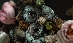 a dead doll in the middle of some flowers