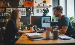 two people having a discussion in front of a laptop