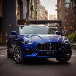 the blue mascuaro is driving through an alley way