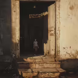 a child stands in the doorway of an abandoned building