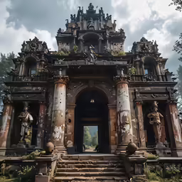 an abandoned building with sculptures at the top