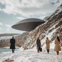 some people walking up to a very large building in the snow