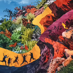 a photo with colorful trees and people running in it