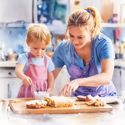 a mother and daughter are in the kitchen slicing a sandwich together