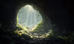 light shining through the portal in a dark forest