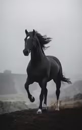 a black horse galloping in the open field