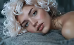 blonde woman lying on her stomach wearing a curly up hairdo